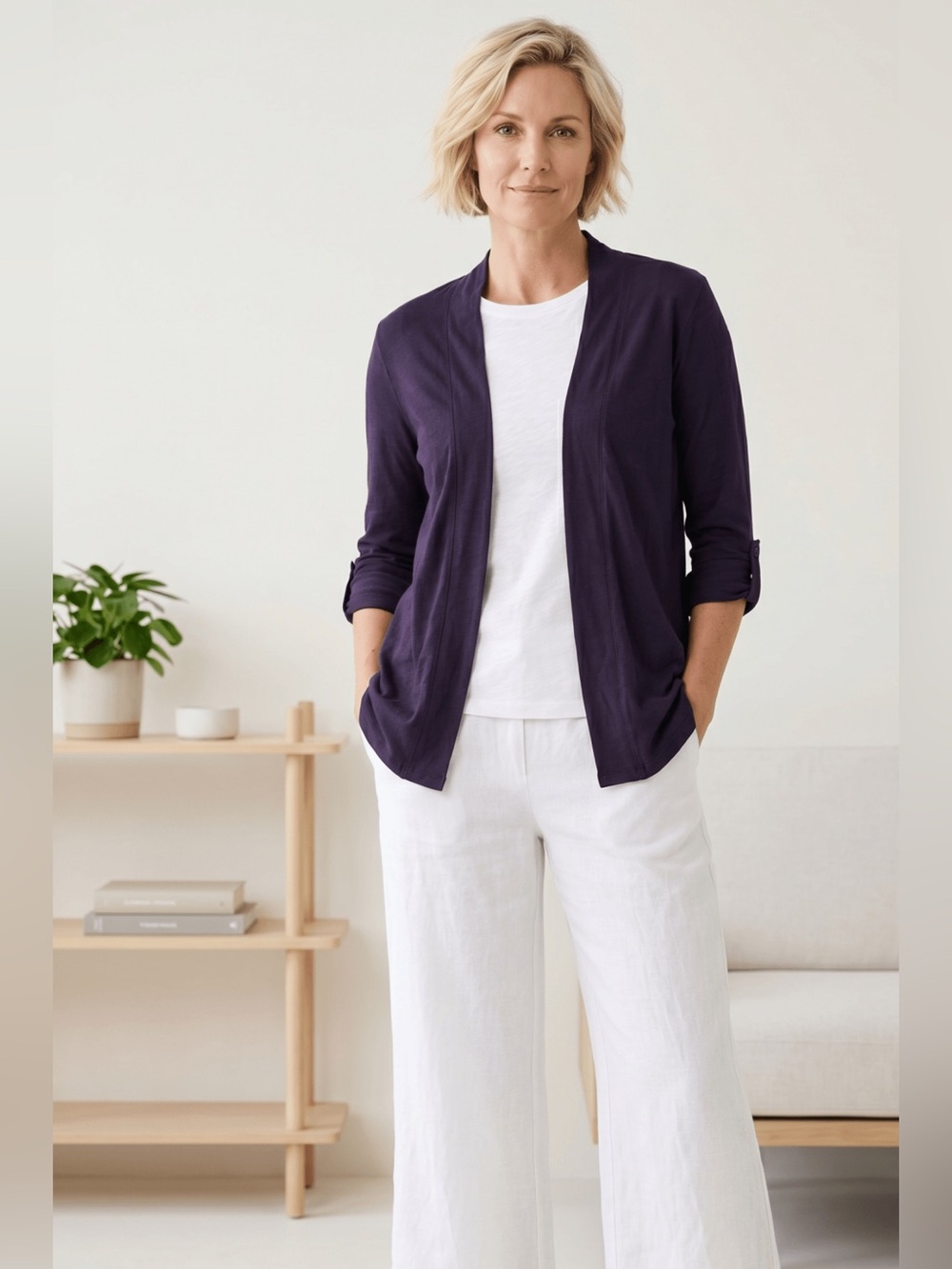 Cotton Slub Yarn Roll-Up Long Sleeve Open Cardigan with Pockets-Navy